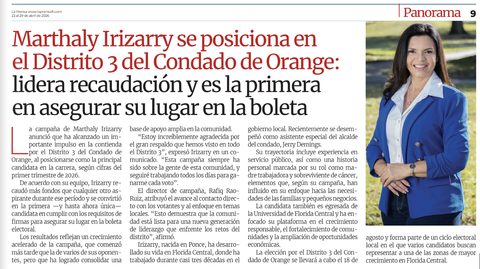 Marthaly Irizarry se posiciona en el Distrito 3 del Condado de Orange: lidera recaudación y es la primera en asegurar su lugar en la boleta
